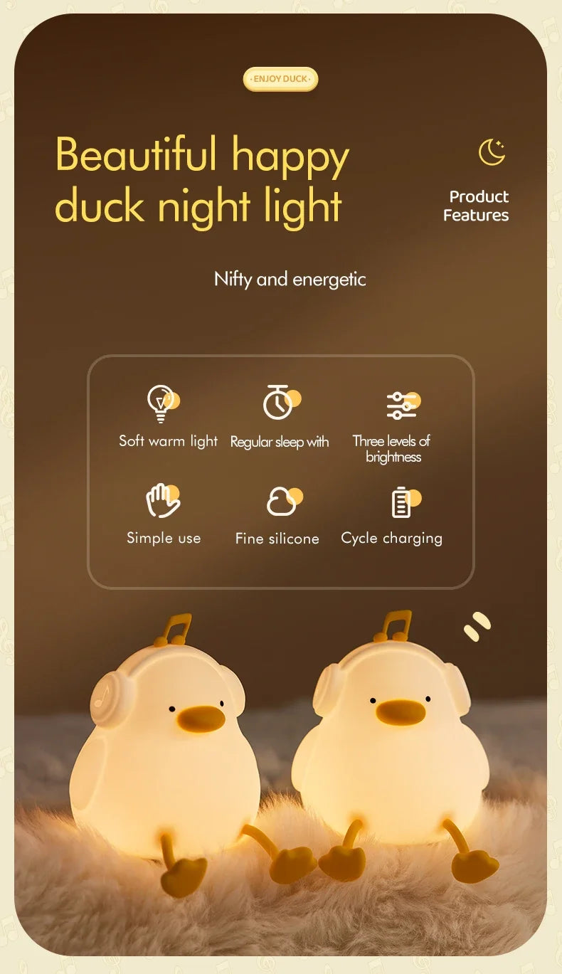 Musical Duck Night Lamp Cute Silicone Duck Night Lamp Touch Warm Light USB Charging Timer Room Decoration Creative Children Gift