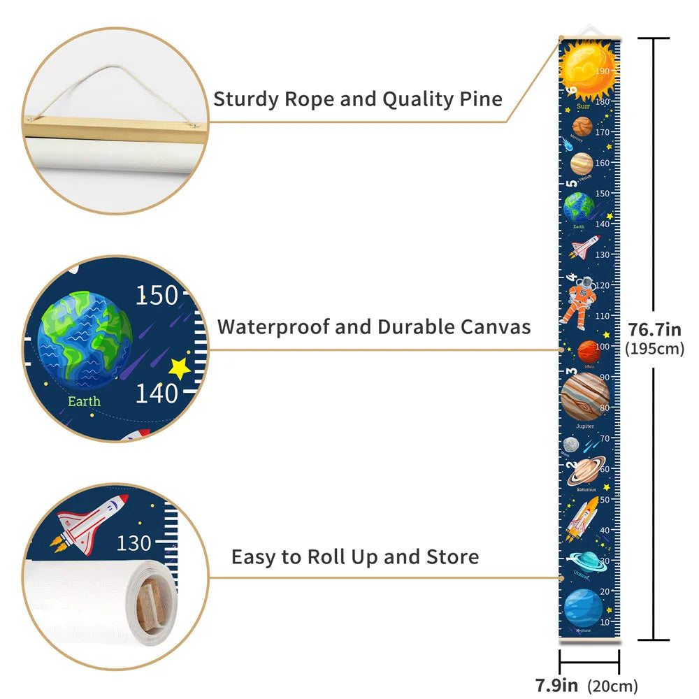 Height Measure Ruler for Kids, Cartoon Planet Rocket, Hanging Baby Height Chart Scroll Poster, Painting for Boy's Bedroom Decor